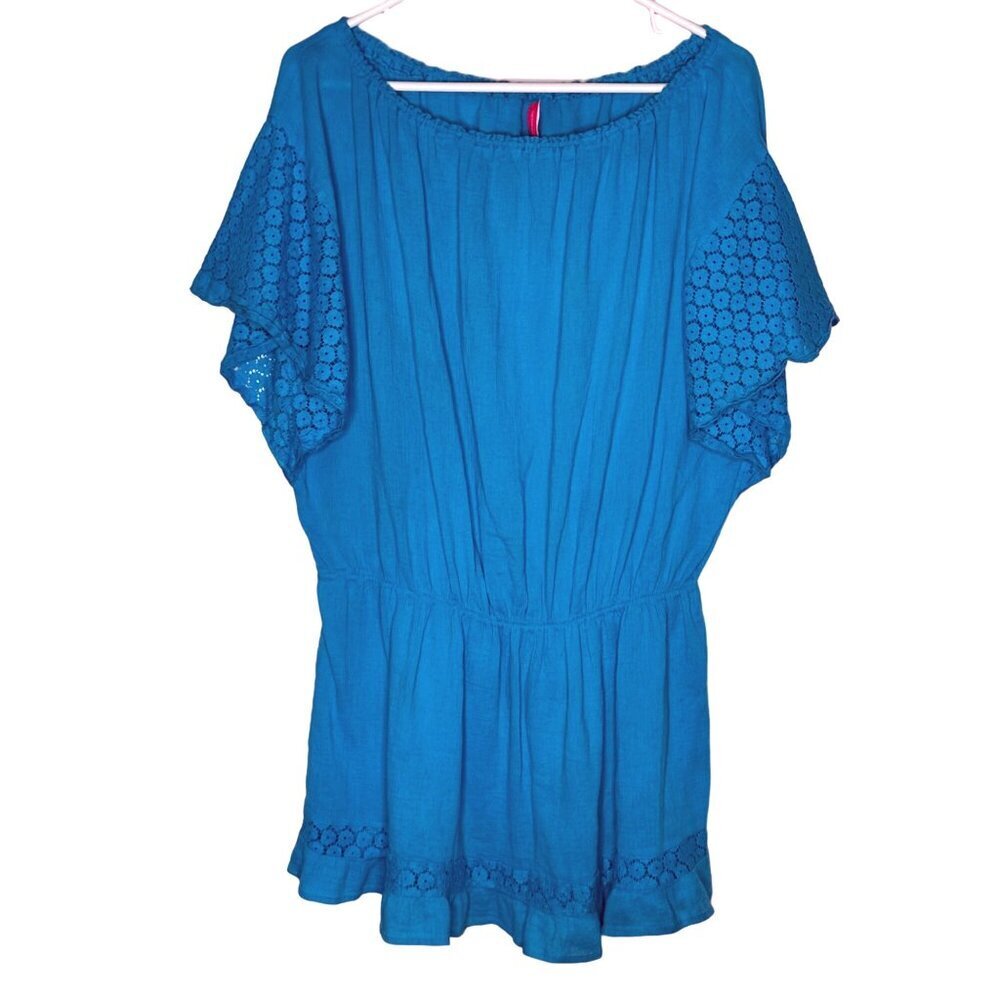Victorias Secret Blue Cotton Gauze Crochet Lace Trim Beach Cover Up Dress L